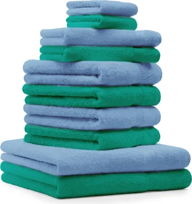Produktbild von Betz Premium Classic Frottier Handtuch-Set 10-teilig - 2X Liegetücher - 4X Handtücher - 2X Gästetücher - 2X Seiftücher - smaragdgrün und hellblau