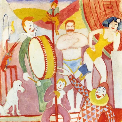 Obrázek produktu pro August Macke Art Print Picture - Cirkus Picture II, Athlete Couple, Clown And Monkey, 1911, Detail (70 x 70 cm)