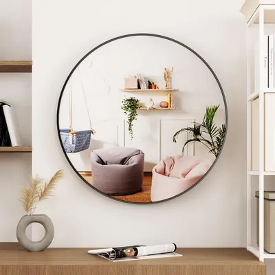 Produktbild von Koonmi 72 cm großer Spiegel Rund Schwarz, Runder Spiegel Wandspiegel mit Rahmen aus Aluminiumlegierung für Badezimmer