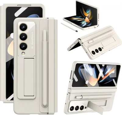 Image de Étui en cuir pour Samsung Galaxy Z Fold 4 5G avec charnière en cuir, protection d'écran, support et porte-stylet Blanc