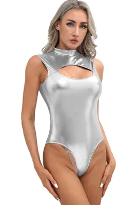 Produktbild von Damen Metallic Body Silber Gr L Bodysuit ärmellos mit Cut Out Stehkragen Glanzoptik Karneval Halloween Fasching Party Show