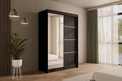 Produktbild von ALTDECOR Kleiderschrank mit Spiegel und Schiebetüren, kugelgelagerte Führungsschienen und Aluminium-Leisten - PAOKI - 150 cm Schwarz