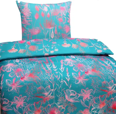 A close-up view of a floral patterned duvet cover and pillowcase set.