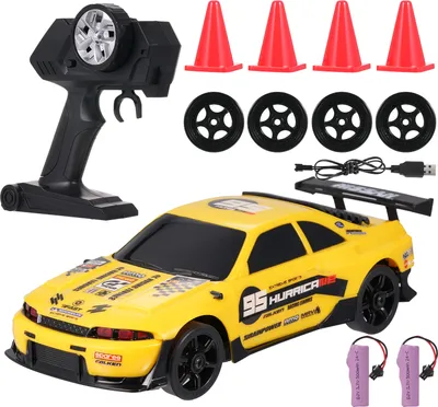 Obrázek produktu pro Dálkově ovládané auto Dálkově ovládané driftovací auto 2,4 GHz 1/24 4WD závodní auto s LED světly Závodní a driftovací pneumatiky Barikáda, žlutá, 2 baterie