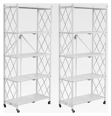 Produktbild von Klappregal 2er Set, Faltbares Regal, 5-Etagen Lagerregal, Metallregal mit Rollen – 100 kg, für Küche, Badezimmer, Wohnzimmer (Weiß)