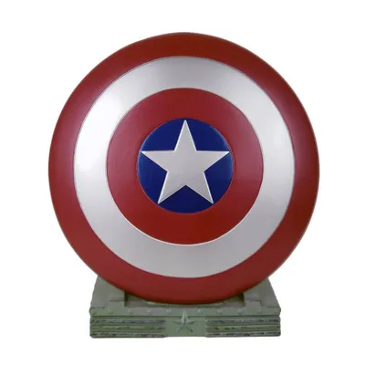 A Captain America shield piggy bank on a stand.