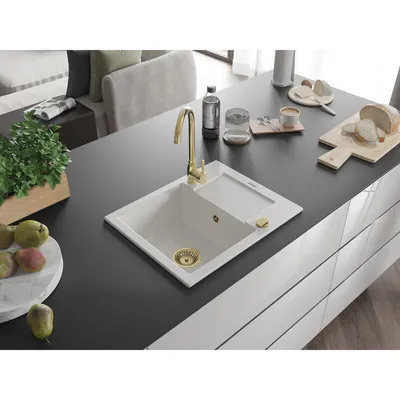 Produktbild von Mexen Enzo Granitspüle mit einem Becken und einer Abtropffläche 576 x 465 mm, Weiß, Siphon Gold - 6506571005-20-G