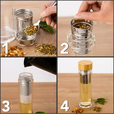 Produktbild von EAZY CASE Teeflasche aus Glas mit Bambus Deckel, Teesieb aus Edelstahl und Neoprenhülle, Teekanne ideal für unterwegs, doppelwandige Trinkflasche, Tee Flasche to Go 500 ml