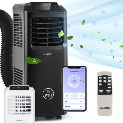 Image de Klarstein Pure Blizzard Smart 7k Climatiseur Mobile - 7000 BTU, 21-34 m², Contrôle App & Alexa, Ventilateur & Déshumidificateur, Silencieux, Classe A, Minuterie 24h, Roulettes, R290, Blanc