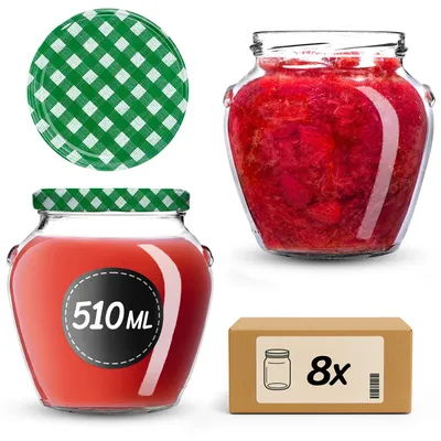Produktbild von KADAX Einmachgläser 510 ml mit Schraubdeckel fi82mm, Schraubgläser mit Deckel, Einkochgläser, Sturzgläser zum Einkochen (Grün kariert, 8 Stück)