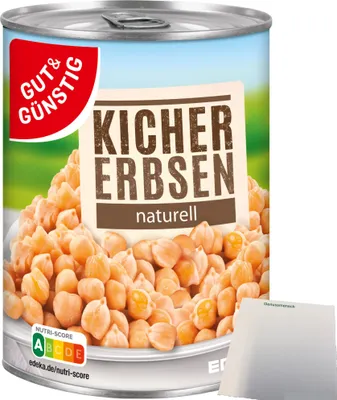 A can of chickpeas with a label showing the product name and nutritional information.