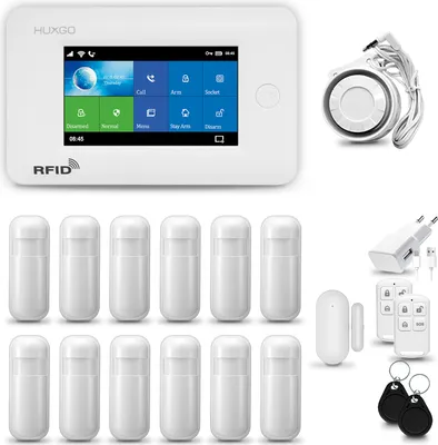 Produktbild von HUXGO HXA006 Alarmanlage Haus WiFi + GSM 4G LTE mit Sirene, Alarm System mit 1x Bewegungssensor und 1x Tür- Fenstersensor, Alarmanlage für Wohnung, Haus, Garage, Tuya Smartlife App