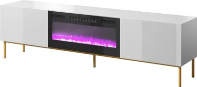 Produktbild von Fernsehschrank SLIDE 200x57x40 cm Tv-Schrank mit elektrichem Kamin Heizfunktion Lowboard 2 Klappen Metallgestell Weis Hochglanz/Schwarz Kamin