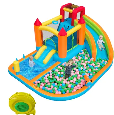 Produktbild von Multifunktionale Outdoor Hüpfburg mit Gebläse, Wasserrutsche, Trampolin, Basketballkorb & Wasserpistole, 2 Poolbereiche, 1 große & 1 kleine Rutsche, trocken & nass nutzbar, Wasserpark für Kinder