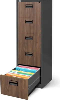 A filing cabinet with one drawer open, showing colorful files.