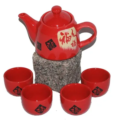 Produktbild von 005 Teeset Teeservice rot Keramik 5 tlg klein Geschenkkarton