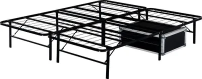 A black metal bed frame with a storage box underneath, shown against a white background.