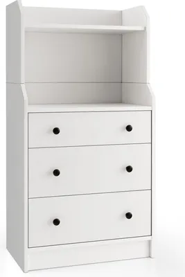 A white dresser with three drawers and a shelf above, shown against a white background.