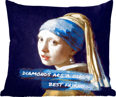 Produktbild von MuchoWow® Zierkissen Sofakissen Wohnzimmer Dekokissen 45x45 cm Vermeer - Das Mädchen mit dem Perlenohrring - Zitat - Schlafpolster - Polster für das Sofa