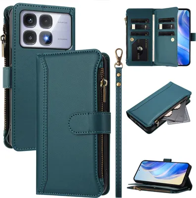 Produktbild von Handyhülle für Xiaomi Redmi K70 Ultra Reißverschluss Geldbörse Kunstleder Klapphülle mit Kartensteckplatz, Ständer, Handschlaufe Grün