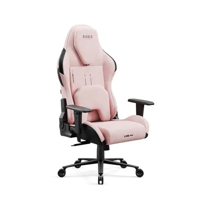 A pink gaming chair is shown against a white background.