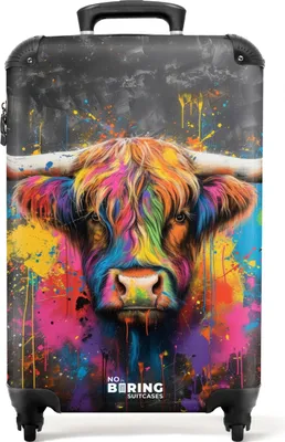 Produktbild von NoBoringSuitcases.com® Koffer Handgepäck Trolley Rollkoffer Kleine Reisekoffer mit 4 Rollen - Schottische Highlander als Graffiti-Kunst - Cabin Size < 55x40x23 cm & 55x40x20 cm - Fotokoffer - Kabinenkoffer - BoardgepäckHandgepäck Koffer 55x35x20 cm, 36L,