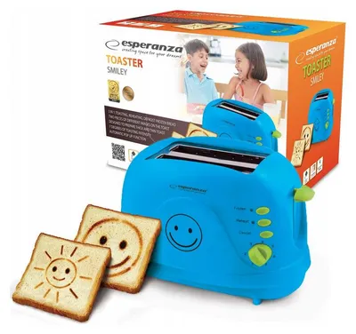 A blue toaster with two slices of toast, one with a smiley face and the other with a sun design, is shown in front of its packaging.
