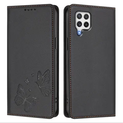 Produktbild von Lederhülle für Samsung Galaxy A22 4G, Schmetterling Prägung Leder Brieftasche Schutzhülle mit Ständer Schwarz