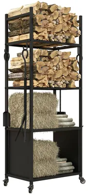 Image de Étagère à bois de chauffage à 4 niveaux, montée sur roulettes, avec pelle, brosse et pince - Noir