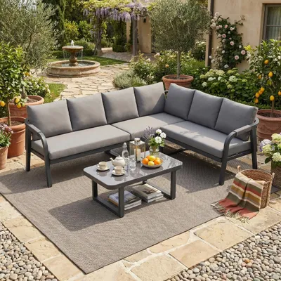Immagine prodotto di Set di mobili da giardino Flieks a 6 posti, set da salotto da giardino con divano, cuscini e tavolo, set da giardino intrecciato, grigio