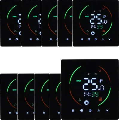 A collection of smart digital thermostats displayed on a black background.