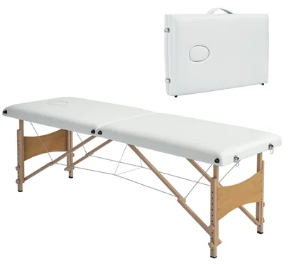 Produktbild von Mobile Massageliege 2 Zonen Klappbar Höhenverstellbar Massagetisch 60 cm Breit mit Tragetasche Holzfüßen Cremeweiß