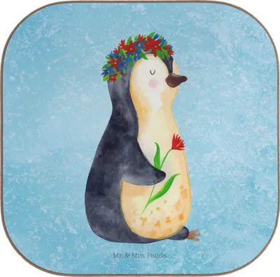 Produktbild von Mr. & Mrs. Panda Untersetzer für Gläser Pinguin Blumen - Eisblau - Geschenk, Liebeskummer, Wunderschön, Coaster, Geschenkidee, Wünsche, Tischuntersetzer, Glas, Pinguine
