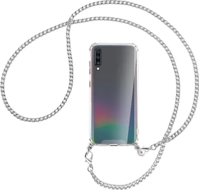Produktbild von Handykette Backcover-Schutzhülle mit Band (Metall silberfarben) für Samsung Galaxy A70 - silberfarbene Kette