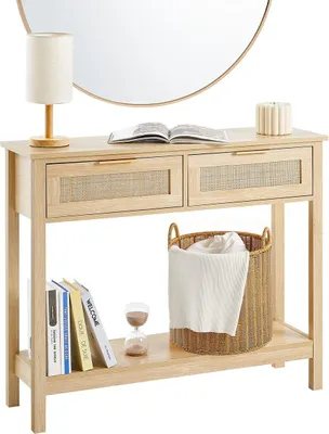 Imagen del producto de Consola de mimbre con 2 cajones de almacenamiento y puerta corredera de estilo natural