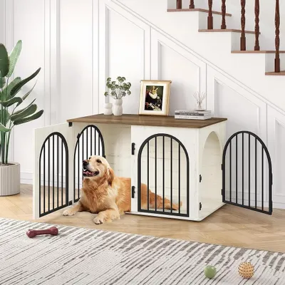 Imagen del producto de Jaula para perros, mueble para perros, refugio seguro, diseño de puerta curvada, 100 cm, blanco y marrón