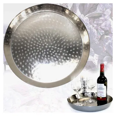 Produktbild von Rundes Serviertablett aus Metall mit 36 cm Ø in Silber | Dekoschale, Kerzenhalter, Dekotablett, Teetablett, Wohndeko