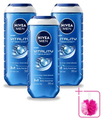 Immagine prodotto di 3 confezioni di gel doccia Nivea Men Vitality 3-in-1, 250 ml ciascuna, confezione risparmio, 3 pezzi