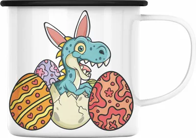 Produktbild von Trendation - Emaille Tasse Ostern T-Rex Dino Ostergeschenke Kinder Jugendliche Geschenke Lustige Grafik Osterhase Ostereier (Schwarz)