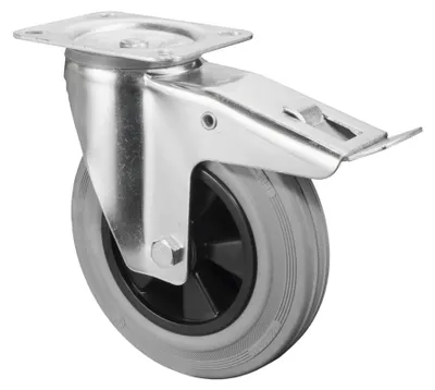 Produktbild von BS Rollen Transportrolle, Lenkrolle mit Totalfeststeller, Rad-Ø 200 mm, Tragf. 205 kg, Gummi grau, Bauhöhe 237 mm, Rollenlager