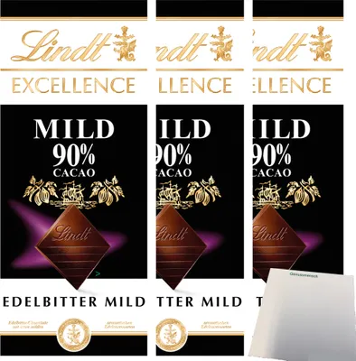 Produktbild von Lindt Excellence 90 % Cacao Edelbitter Schokolade 3er Pack (3x100g Tafel) + usy Block