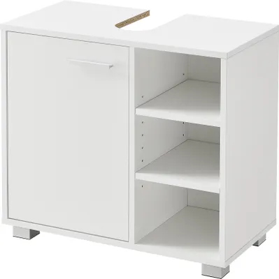 A white bathroom cabinet with a door and open shelves.