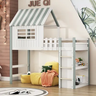 Obrázek produktu pro Okwish dětská postel 90 x 200 cm se bezpečnostním žebříkem, úložným prostorem a roštem, zelená