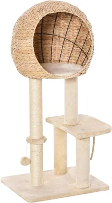 Imagen del producto de Árbol para gatos con cueva, hecho de cañas, de 100 cm de altura, color beige