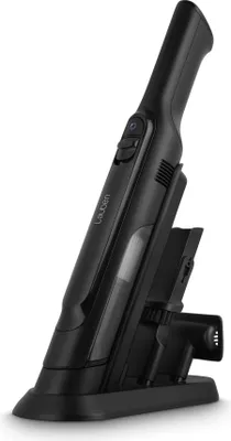 A black handheld vacuum cleaner with its charging dock and attachments, presented against a white background.
