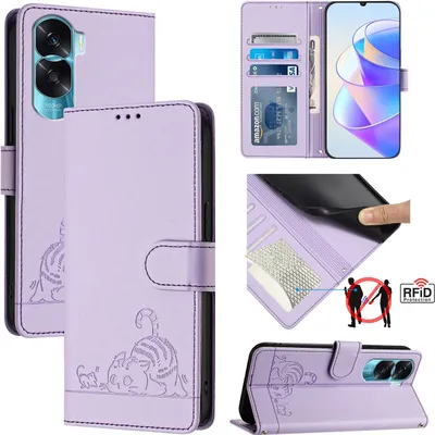 Image de Etui en cuir pour Honor 90 Lite, étui à rabat avec fonction stand et portefeuille Violet