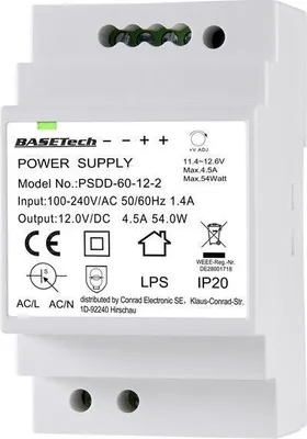 Obrázek produktu pro Basetech PSDD-60-12-2 napájecí zdroj na DIN lištu 12 V 4,5 A 54 W Počet výstupů:2 x Obsah 1 ks (BT-2250320)