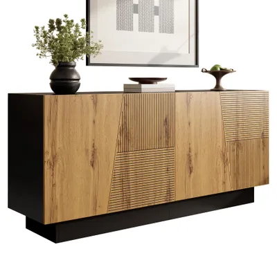 Zdjęcie produktu dla Komoda 160 cm. Duża przestrzeń do przechowywania. Geometryczny design. Regulowana półka. Do salonu, jadalni, przedpokoju. Nowoczesny styl