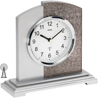 Produktbild von AMS 5144 Tischuhr Funk Funktischuhr analog modern silbern mit Kunstleder