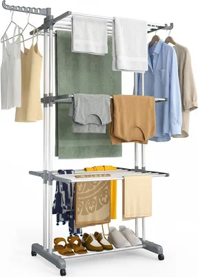 Produktbild von VOUNOT® 4 Ebenen Wäscheständer Turm mit Rollen 126x63x170 cm Grau-Weiß